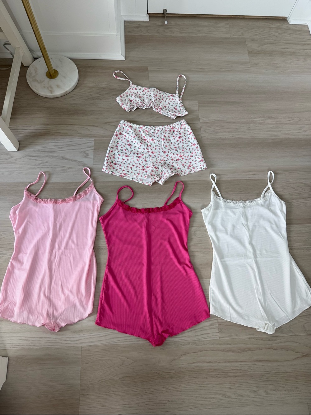 Women's Floral Sleep Set & Camisole Romper Bundle - Pink, Hot Pink, White